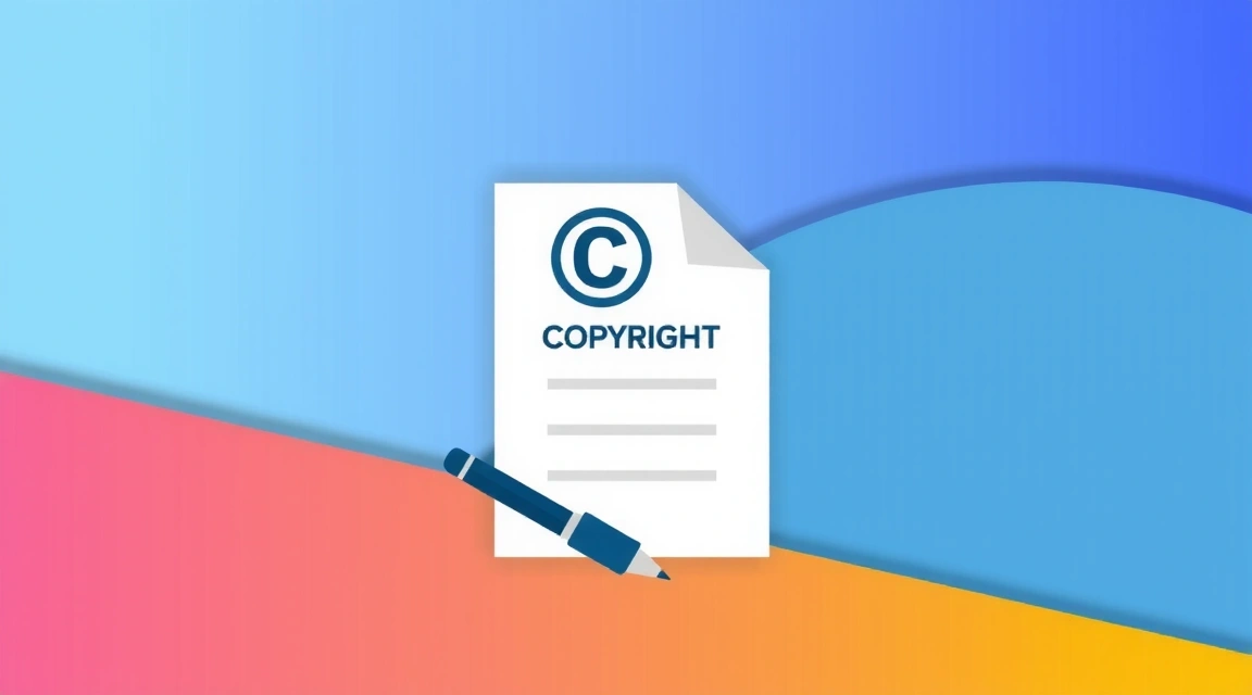 Ilustración de derechos de autor y propiedad intelectual, mostrando un símbolo de copyright sobre un documento y una pluma.