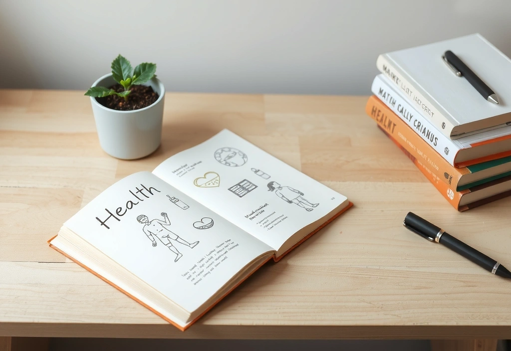 Libro abierto y elementos de salud en una mesa minimalista