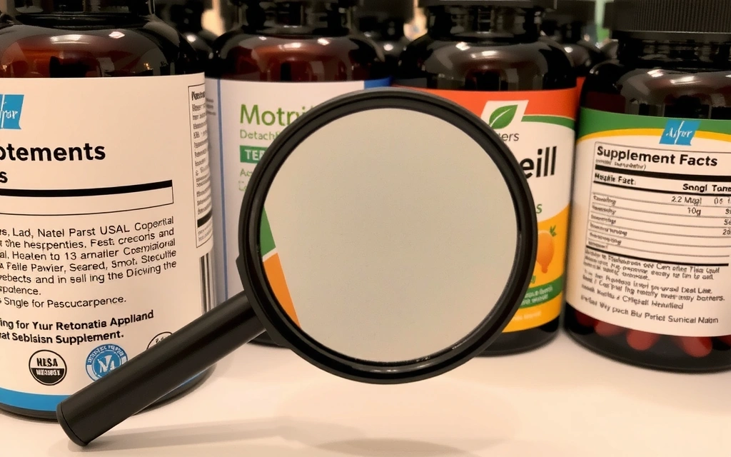 Detalle de etiquetas de suplementos con lupa, destacando ingredientes y certificaciones.
