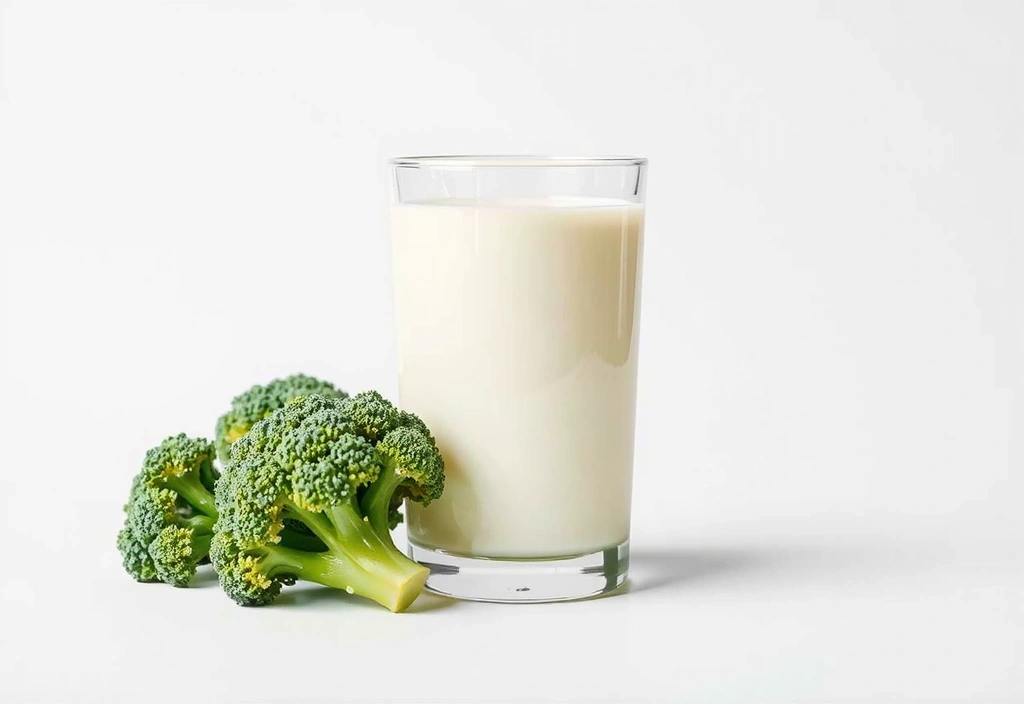 Un vaso de leche fresca junto a ramilletes de brócoli verde vibrante, simbolizando fuentes ricas en calcio.