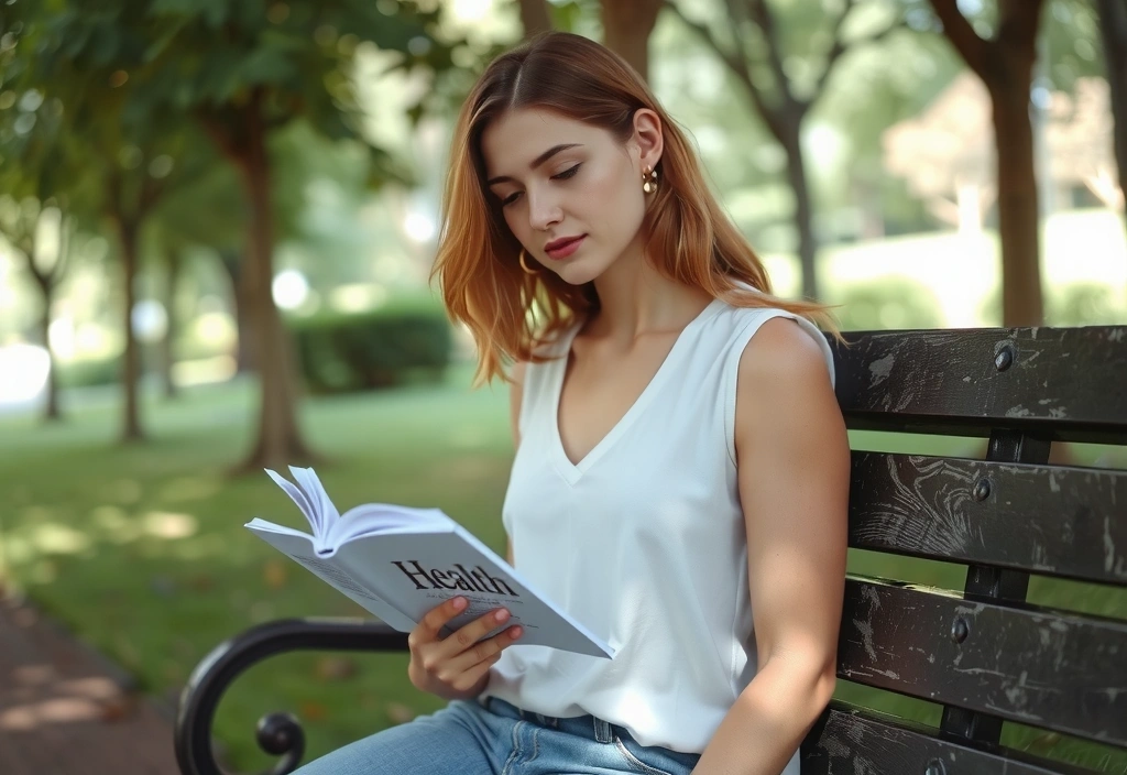 Woman reading a book on a park bench, symbolizing knowledge and peace