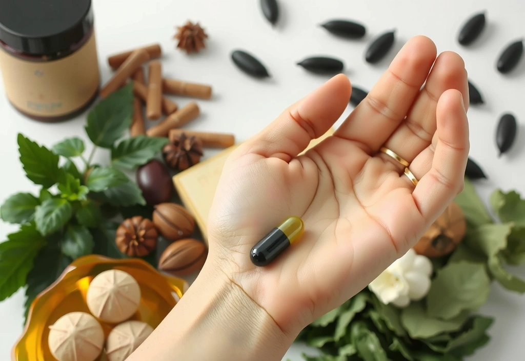 Mano sosteniendo una cápsula de suplemento natural con un fondo borroso de hierbas medicinales