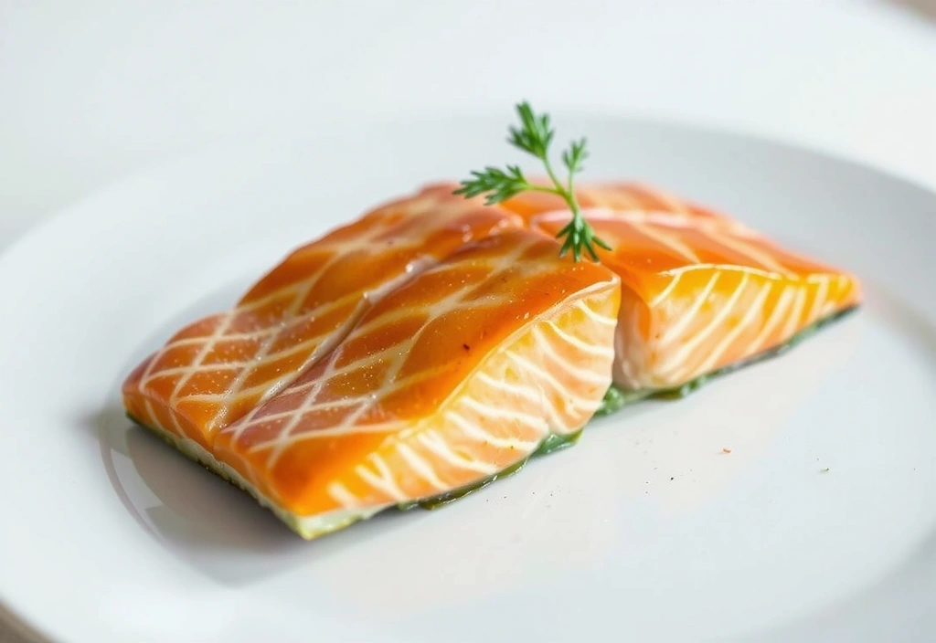 Un trozo de salmón fresco en un plato, con luz natural.
